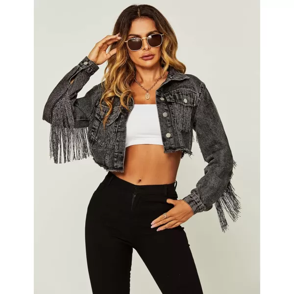 Flygo Women's Fringe Jean Jacket Button Down Raw Hem Tassel Crop Denim Jackets