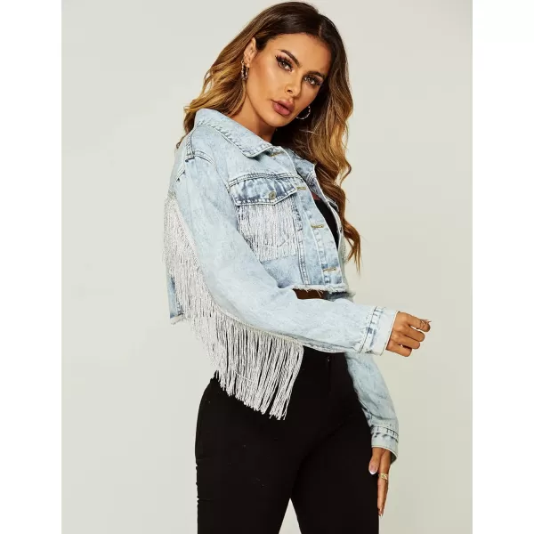 Flygo Women's Fringe Jean Jacket Button Down Raw Hem Tassel Crop Denim Jackets