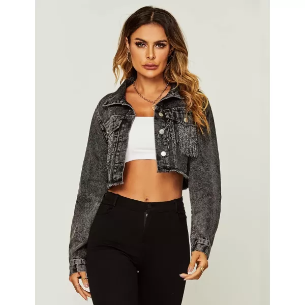 Flygo Women's Fringe Jean Jacket Button Down Raw Hem Tassel Crop Denim Jackets