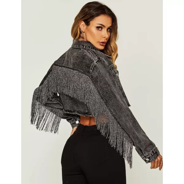 Flygo Women's Fringe Jean Jacket Button Down Raw Hem Tassel Crop Denim Jackets