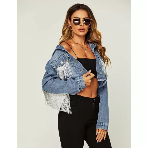 Flygo Women's Fringe Jean Jacket Button Down Raw Hem Tassel Crop Denim Jackets