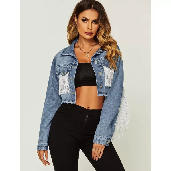 Flygo Women's Fringe Jean Jacket Button Down Raw Hem Tassel Crop Denim Jackets