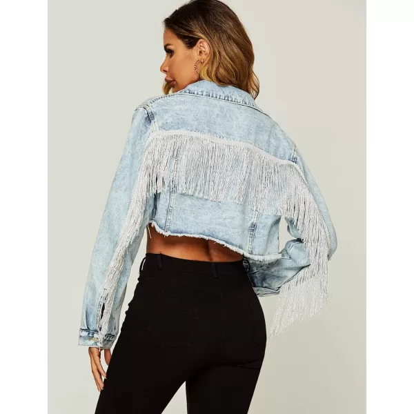 Flygo Women's Fringe Jean Jacket Button Down Raw Hem Tassel Crop Denim Jackets