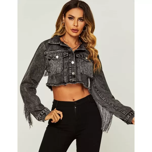 Flygo Women's Fringe Jean Jacket Button Down Raw Hem Tassel Crop Denim Jackets