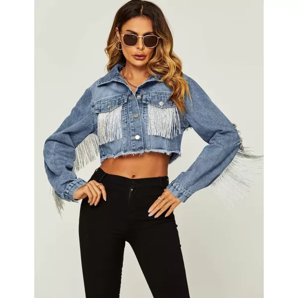 Flygo Women's Fringe Jean Jacket Button Down Raw Hem Tassel Crop Denim Jackets