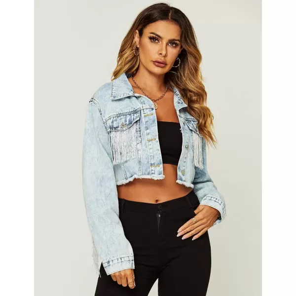 Flygo Women's Fringe Jean Jacket Button Down Raw Hem Tassel Crop Denim Jackets