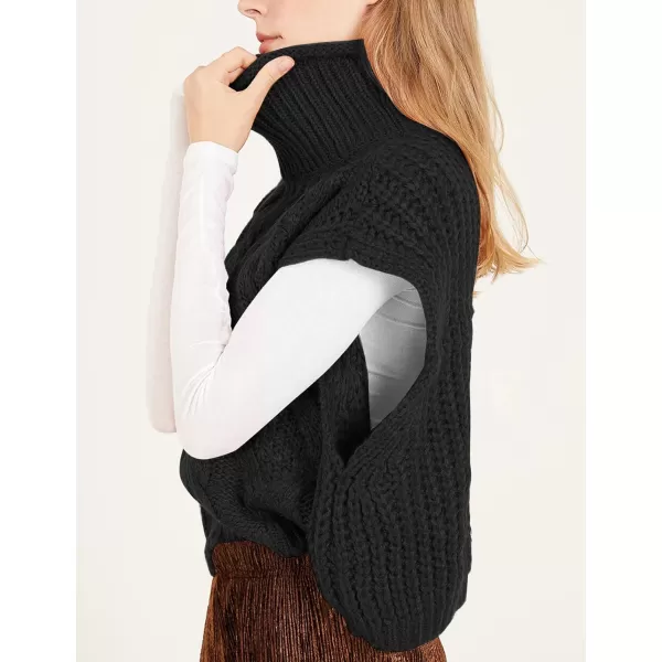 Flygo Womens Turtleneck Cable Sweater Vest Knit Oversized Loose Fit Solid Pullover Sweaters Cap Sleeve Crop Tops
