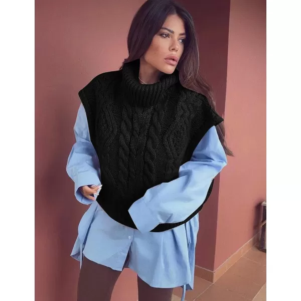 Flygo Womens Turtleneck Cable Sweater Vest Knit Oversized Loose Fit Solid Pullover Sweaters Cap Sleeve Crop Tops