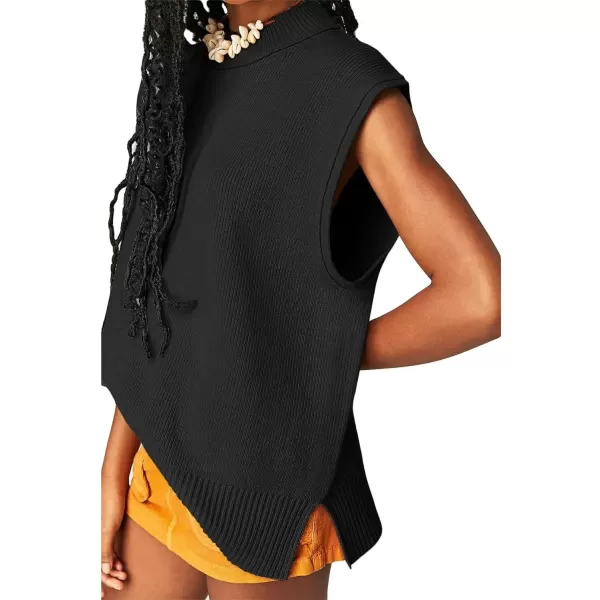 Flygo Womens Turtleneck Cable Sweater Vest Knit Oversized Loose Fit Solid Pullover Sweaters Cap Sleeve Crop Tops