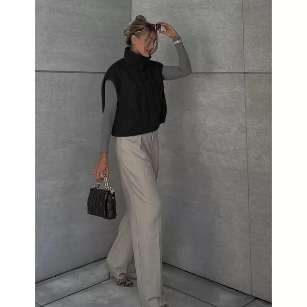 Flygo Womens Turtleneck Cable Sweater Vest Knit Oversized Loose Fit Solid Pullover Sweaters Cap Sleeve Crop Tops