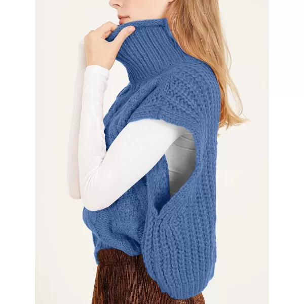 Flygo Womens Turtleneck Cable Sweater Vest Knit Oversized Loose Fit Solid Pullover Sweaters Cap Sleeve Crop Tops