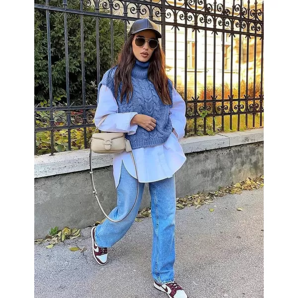 Flygo Womens Turtleneck Cable Sweater Vest Knit Oversized Loose Fit Solid Pullover Sweaters Cap Sleeve Crop Tops