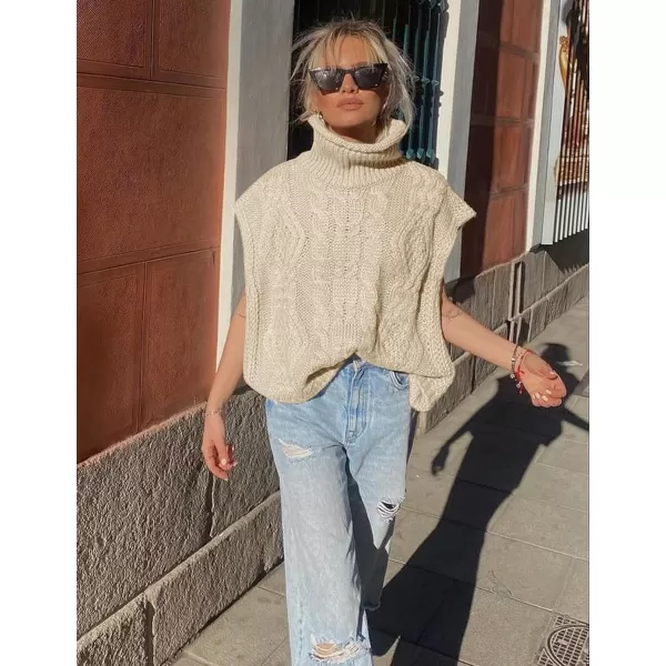 Flygo Womens Turtleneck Cable Sweater Vest Knit Oversized Loose Fit Solid Pullover Sweaters Cap Sleeve Crop Tops
