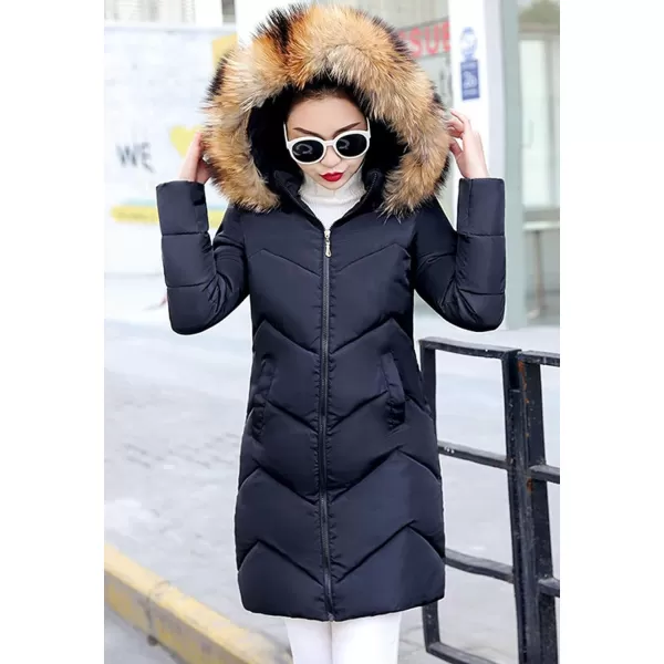 Flygo Women's Winter Quilted Coat Faux Fur Hooded Down Chevron Puffer Jacket