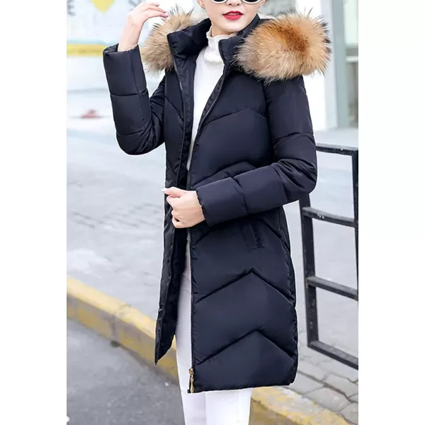 Flygo Women's Winter Quilted Coat Faux Fur Hooded Down Chevron Puffer Jacket