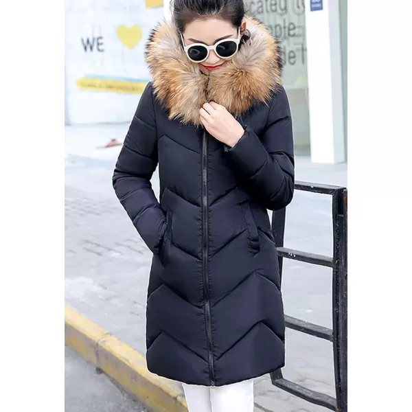 Flygo Women's Winter Quilted Coat Faux Fur Hooded Down Chevron Puffer Jacket