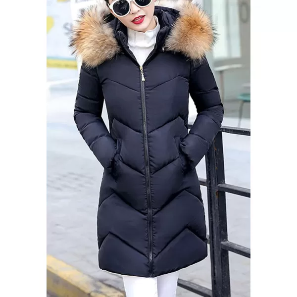 Flygo Women's Winter Quilted Coat Faux Fur Hooded Down Chevron Puffer Jacket