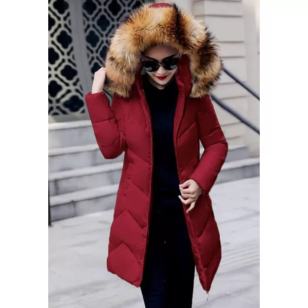 Flygo Women's Winter Quilted Coat Faux Fur Hooded Down Chevron Puffer Jacket