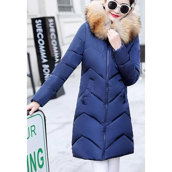Flygo Women's Winter Quilted Coat Faux Fur Hooded Down Chevron Puffer Jacket