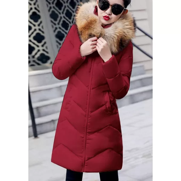 Flygo Women's Winter Quilted Coat Faux Fur Hooded Down Chevron Puffer Jacket