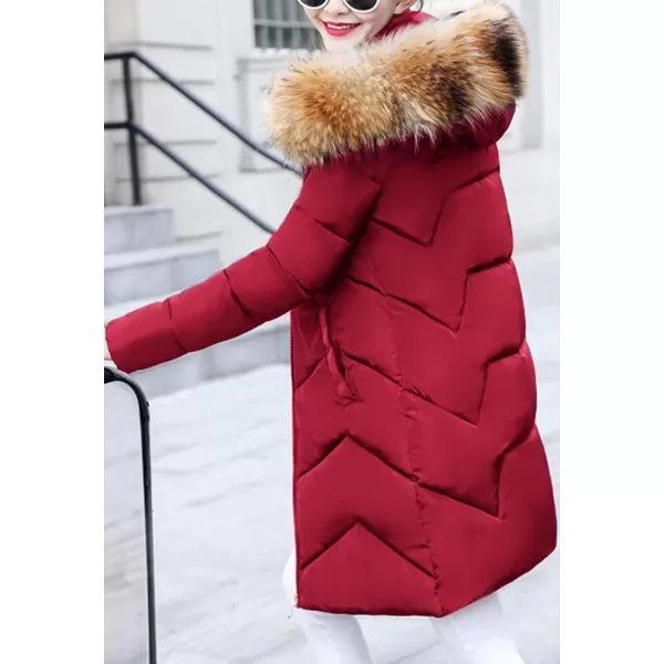 Flygo Women's Winter Quilted Coat Faux Fur Hooded Down Chevron Puffer Jacket
