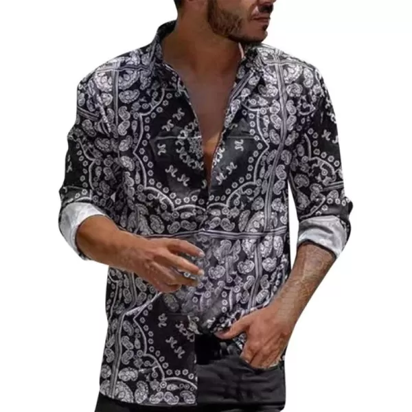 Flygo Men's Slim Fit Long Sleeve Tops Floral Printed Beach Hawaiian Button-Down Blouse Lapel Shirts