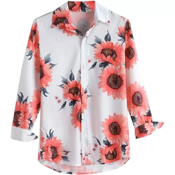 Flygo Men's Slim Fit Long Sleeve Tops Floral Printed Beach Hawaiian Button-Down Blouse Lapel Shirts