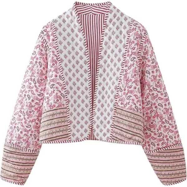 Flygo Women Cropped Puffer Jacket Cardigan Floral Printed Quilted Coats Lightweight Open Front Crop Padded Down Jackets