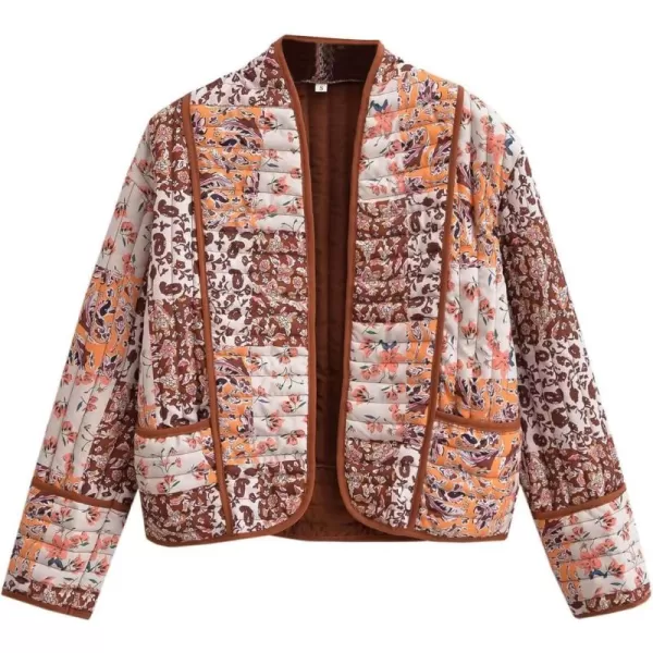 Flygo Women Cropped Puffer Jacket Cardigan Floral Printed Quilted Coats Lightweight Open Front Crop Padded Down Jackets