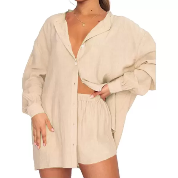 Flygo Women Summer Casual 2 Piece Outfits Button Down Shirt Blouse High Waist Shorts Tracksuit Set