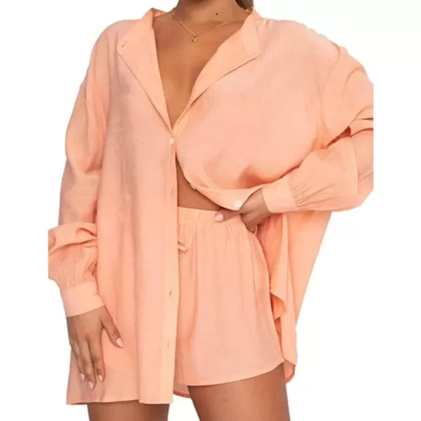 Flygo Women Summer Casual 2 Piece Outfits Button Down Shirt Blouse High Waist Shorts Tracksuit Set