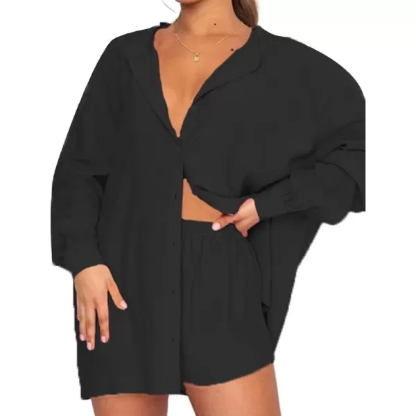 Flygo Women Summer Casual 2 Piece Outfits Button Down Shirt Blouse High Waist Shorts Tracksuit Set