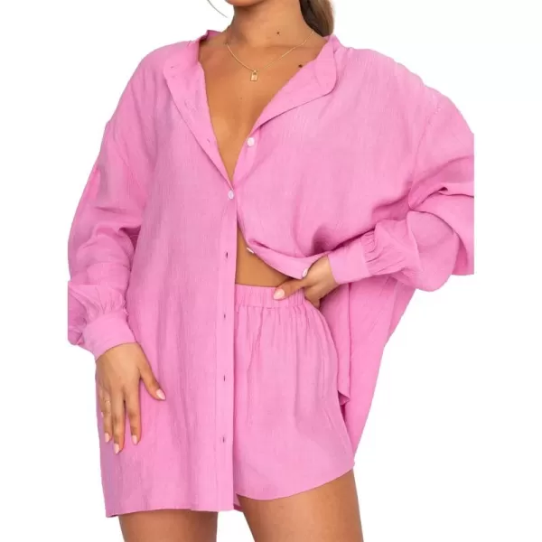 Flygo Women Summer Casual 2 Piece Outfits Button Down Shirt Blouse High Waist Shorts Tracksuit Set