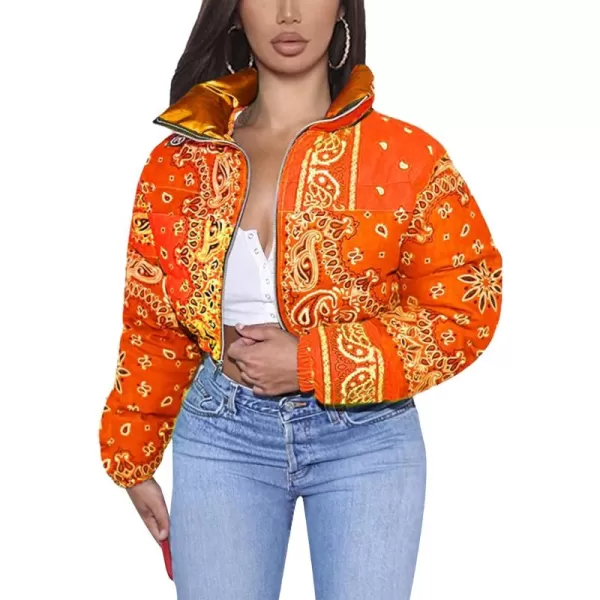 Flygo Women's Bandana Print Y2K Cropped Puffer Jacket Padded Zip Up Bubble Coat