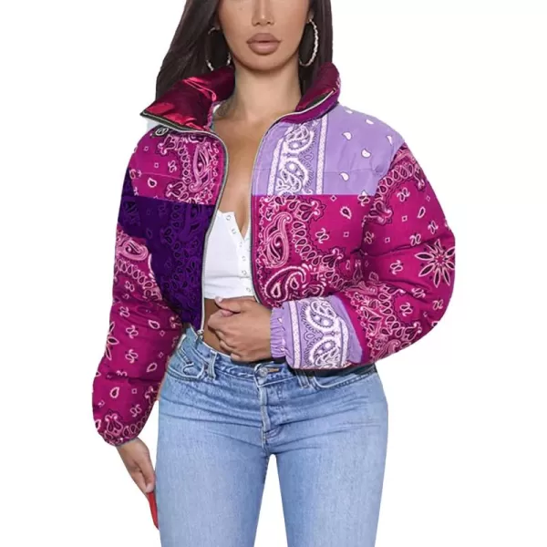 Flygo Women's Bandana Print Y2K Cropped Puffer Jacket Padded Zip Up Bubble Coat