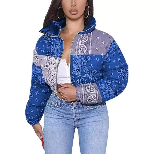 Flygo Women's Bandana Print Y2K Cropped Puffer Jacket Padded Zip Up Bubble Coat