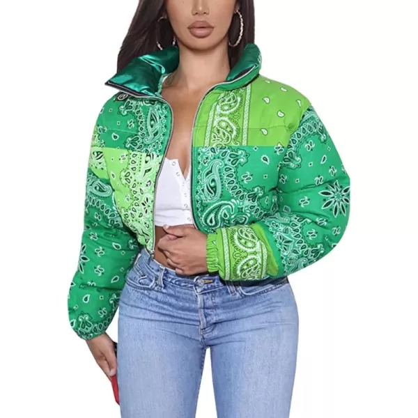 Flygo Women's Bandana Print Y2K Cropped Puffer Jacket Padded Zip Up Bubble Coat