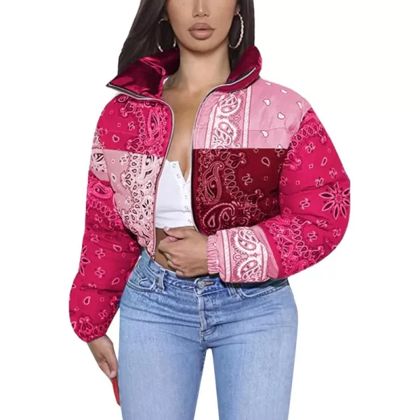 Flygo Women's Bandana Print Y2K Cropped Puffer Jacket Padded Zip Up Bubble Coat