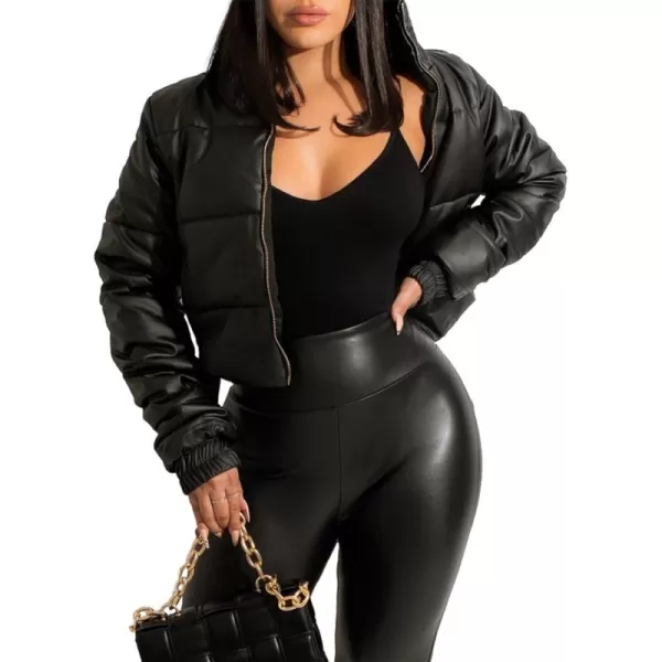 Flygo Women's Faux Leather Cropped Puffer Jacket PU Leather Zip Up Winter Padded Down Coat