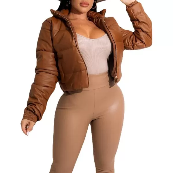 Flygo Women's Faux Leather Cropped Puffer Jacket PU Leather Zip Up Winter Padded Down Coat