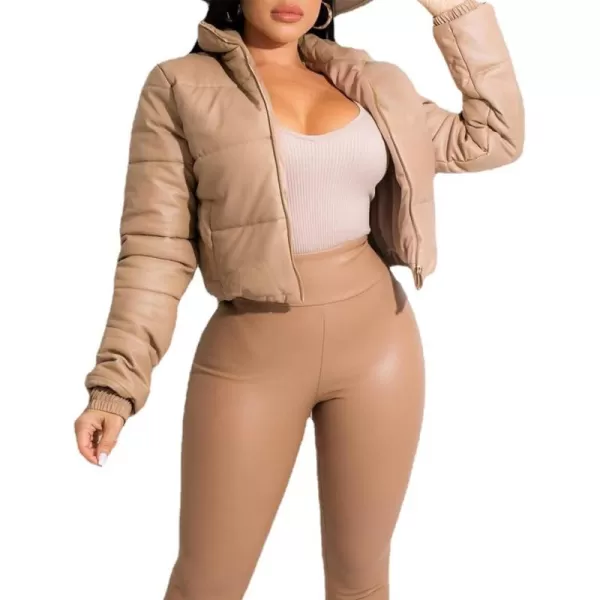Flygo Women's Faux Leather Cropped Puffer Jacket PU Leather Zip Up Winter Padded Down Coat