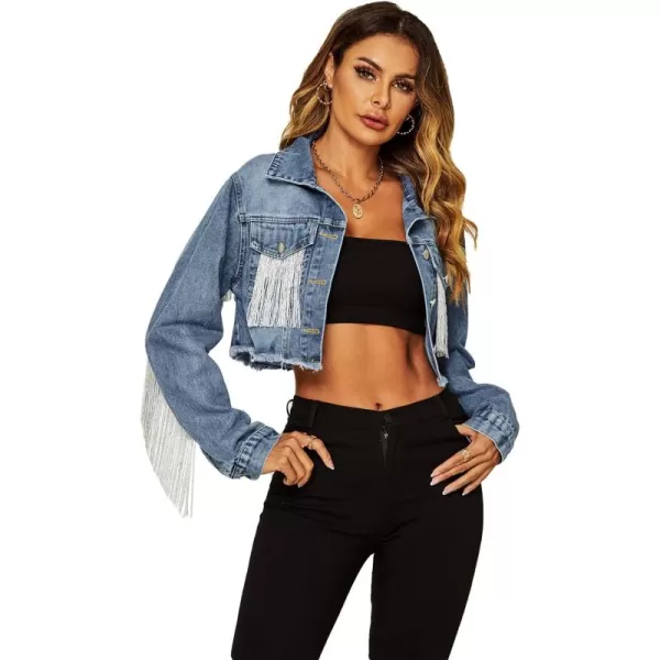 Flygo Women's Fringe Jean Jacket Button Down Raw Hem Tassel Crop Denim Jackets