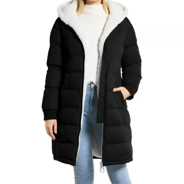 Flygo Womens Long Hooded Puffer Jacket Sherpa Fleece Lined Winter Warm Coat