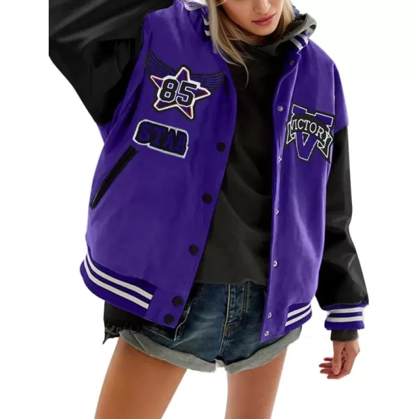 Flygo Womens Varsity Jacket Vintage Quilted Lined Baseball Letterman Jackets Y2K Streetwear
