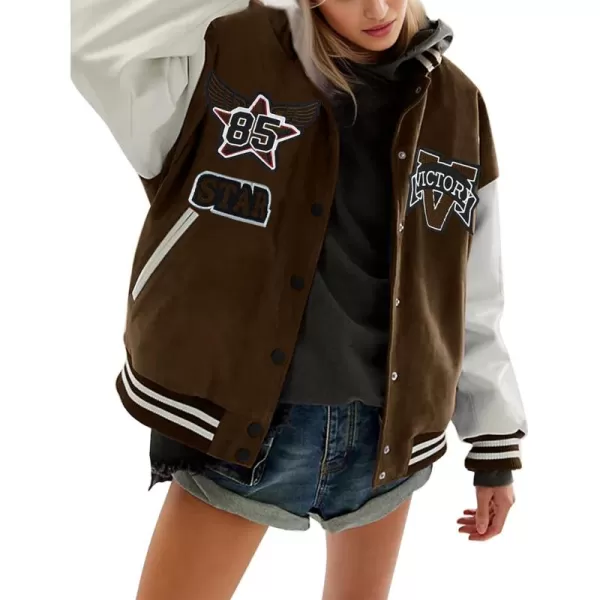 Flygo Womens Varsity Jacket Vintage Quilted Lined Baseball Letterman Jackets Y2K Streetwear