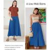imageFlygo Womens ALine Midi Skirt Flowy Pleated High Elastic Waist Casual Swing Cotton Long Skirt with PocketBlue