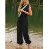imageFlygo Womens Casual Jumpsuit Crewneck Cap Sleeve Long Wide Leg Pants One Piece Outfits Drawstring Romper with PocketsBlack