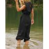 imageFlygo Womens Casual Jumpsuit Crewneck Cap Sleeve Long Wide Leg Pants One Piece Outfits Drawstring Romper with PocketsBlack