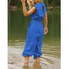 imageFlygo Womens Casual Jumpsuit Crewneck Cap Sleeve Long Wide Leg Pants One Piece Outfits Drawstring Romper with PocketsBlue