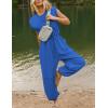 imageFlygo Womens Casual Jumpsuit Crewneck Cap Sleeve Long Wide Leg Pants One Piece Outfits Drawstring Romper with PocketsBlue